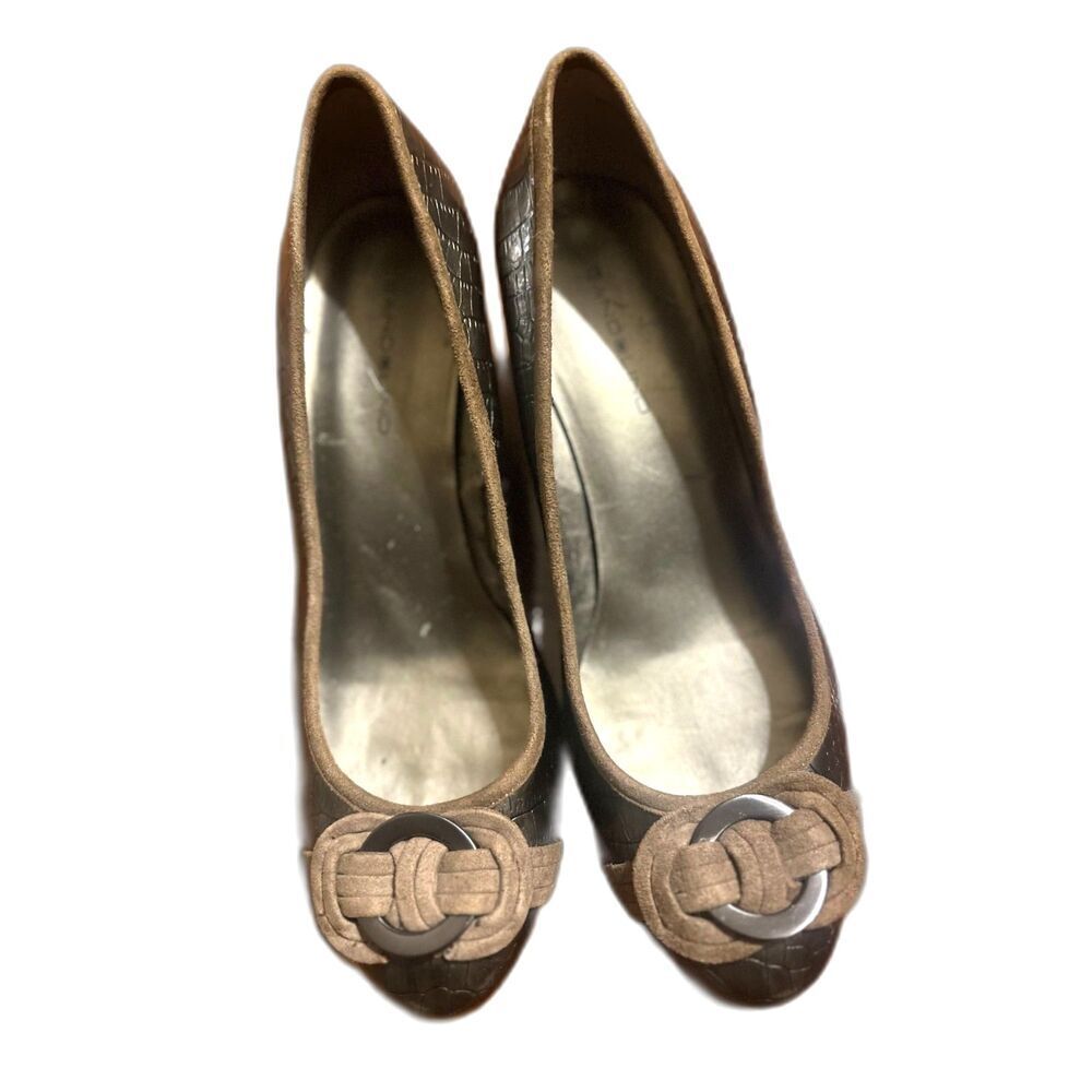 Bandolino Niantic Faux Snakeskin & Suede Textured Silver Wedges Pumps Shoes 8M